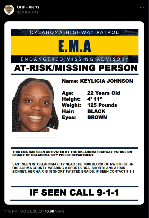 Keylicia Johnson. Image from Oklahoma Highway Patrol 'X' account.